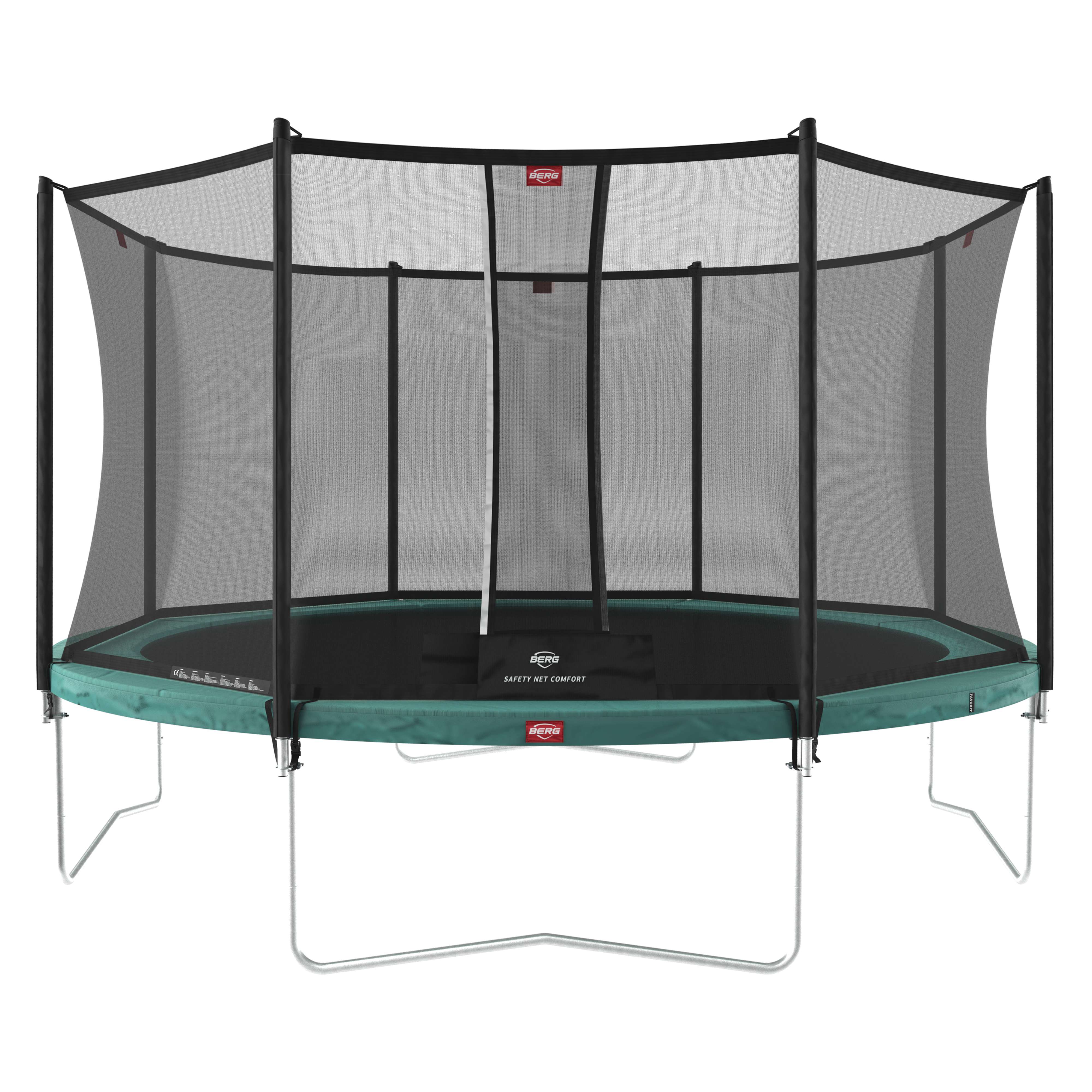 BERG Favorit Regular 380 Green — Round trampoline with safety net in a garden